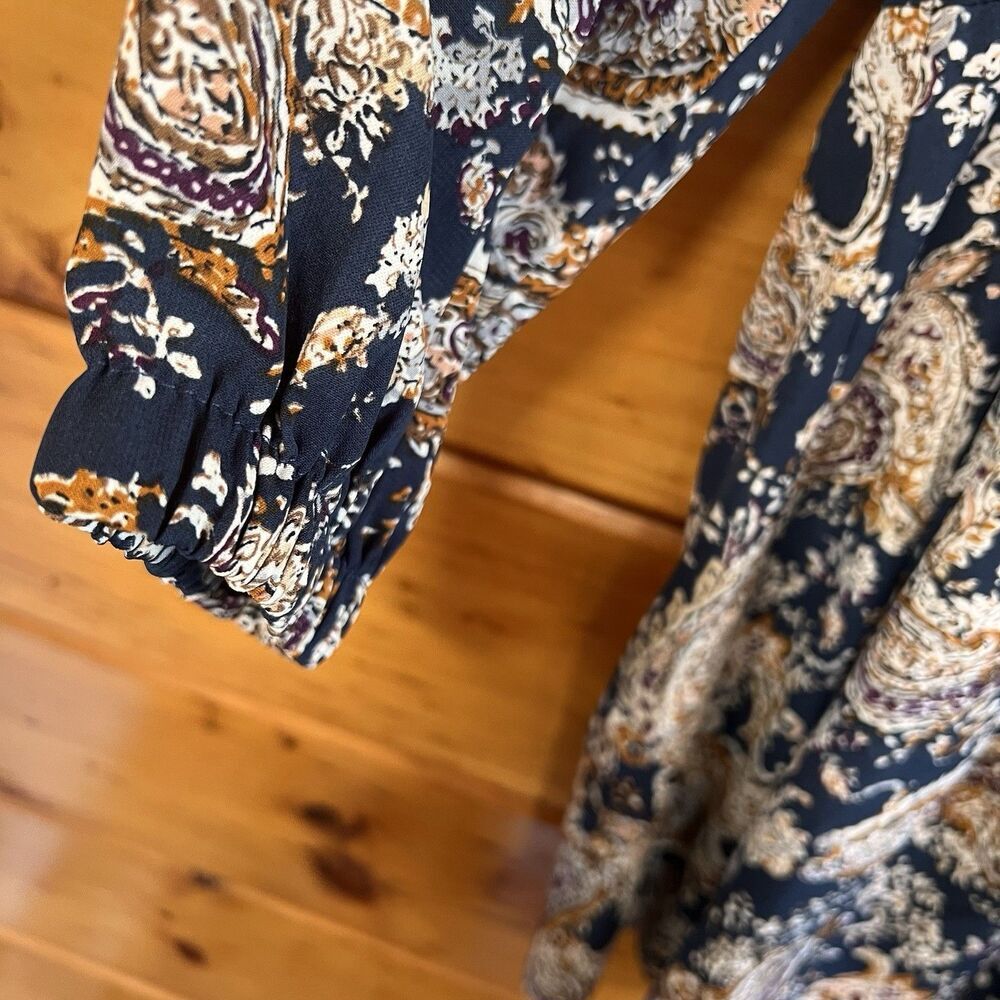 MELLODAY Paisley Tunic M Flare Blouse Empire WaistButton Up Shirt Women - Picture 3 of 4